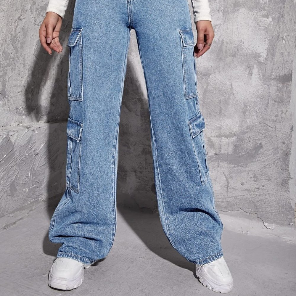 Blue Casual Womens Zipper Fly Flap Pocket Boyfriend Jeans - Picture 4 of 5